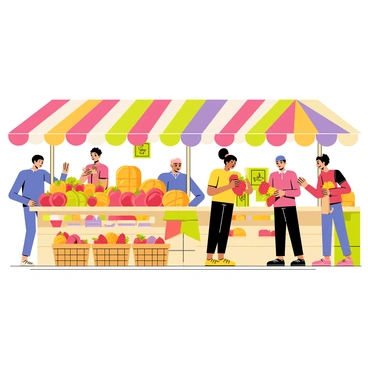 A vibrant marketplace featuring numerous stalls filled with an array of colorful fruits, such as red apples, yellow bananas, green grapes, and orange oranges. Shoppers of various backgrounds are browsing the stalls, some holding shopping bags filled with fresh produce. Colorful awnings shade the stalls, creating a lively atmosphere. Various baskets filled with fruits are displayed prominently, while a vendor is seen handing a customer a bunch of ripe strawberries. Brightly colored signage and banners add to the bustling environment of the market.
