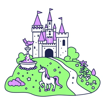 An enchanted castle set with high towers, lush gardens, and mystical creatures roaming the grounds