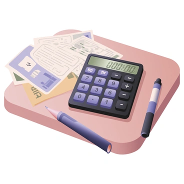 A close-up view of a calculator on a wooden table. The calculator is black with large, clear buttons and a digital display that shows the total amount of "household bills" in bright green digits. There are several household bills scattered around the calculator, including a light blue electricity bill, a yellow water bill, and a white phone bill, all partially crumpled. A pen is lying next to the calculator, and the light is shining from a nearby window, casting soft shadows on the table surface.