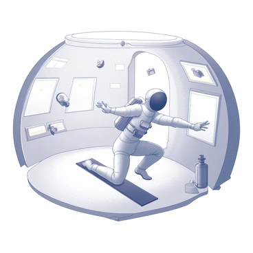 An astronaut is performing a yoga pose in zero gravity inside a spaceship. The astronaut is wearing a standard space suit, and their body is gracefully positioned in a relaxed stance. There are various objects floating around, including a water bottle, exercise equipment, and personal items, all suspended in the air. The interior of the spaceship features control panels and screens with blinking lights, adding to the technological atmosphere. The scene captures the unique environment of space, with the astronaut calmly maintaining focus amidst the floating objects.