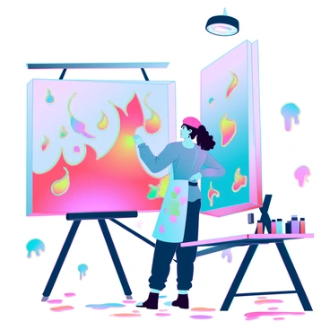 An artist with medium skin, wearing a paint-splattered apron and a beret, is focused on painting "vibrant flames" on a large canvas. The flames are depicted in shades of red, orange, and yellow, swirling dynamically across the canvas. Around the studio, there are colorful paint splatters on the floor and walls, creating a chaotic yet creative atmosphere. Various paintbrushes and tubes of paint are scattered on a nearby wooden table, and a bright overhead light illuminates the scene, highlighting the intensity of the painting process.