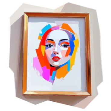 A framed portrait featuring an abstract representation of a face, using a variety of bold colors such as vivid reds, deep blues, and bright yellows. The composition includes unusual shapes, like geometric forms and swirling lines, that create an expressive depiction of facial features. The frame is ornate and enhances the vibrant colors of the artwork, adding depth to the overall presentation. The background is a contrasting shade that allows the portrait to stand out prominently within the frame.