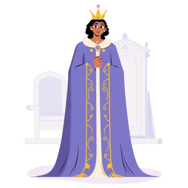 A queen standing proudly in her royal robe, which resembles a majestic mantle. The robe is deep purple with intricate gold embroidery outlining regal patterns. The queen has a golden crown adorned with sparkling jewels resting on her head. Her expression is confident, with a slight smile, showcasing her strength and grace. She stands on a marble floor, with a grand throne visible in the background. A soft light illuminates the scene, highlighting the luxurious textures of her robe and the ornate details of her crown.