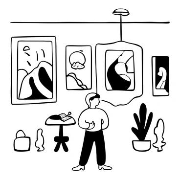 An art enthusiast standing in an art gallery, surrounded by several framed paintings displayed on the walls. The individual is gazing thoughtfully at a large, vibrant painting featuring abstract shapes and patterns. There are two smaller paintings nearby, one depicting a landscape and the other an abstract composition. Various sculptures are placed around the gallery, adding to the artistic atmosphere. A small table holds a notepad and a pen, suggesting the enthusiast is taking notes on their preferences.