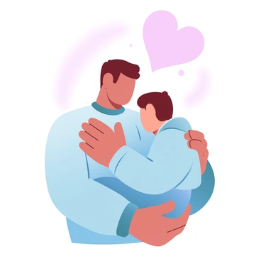 A child is peacefully sleeping in a parent's arms, nestled comfortably against their shoulder. The parent's arms are wrapped securely around the child, offering a sense of safety and warmth. The parent is wearing a cozy sweater, while the child is dressed in soft pajamas. A gentle glow of soft light surrounds them, creating a calm atmosphere. Above them, a large heart shape is softly illuminated, symbolizing love and trust. The background features gradient pastel colors, enhancing the tender scene.