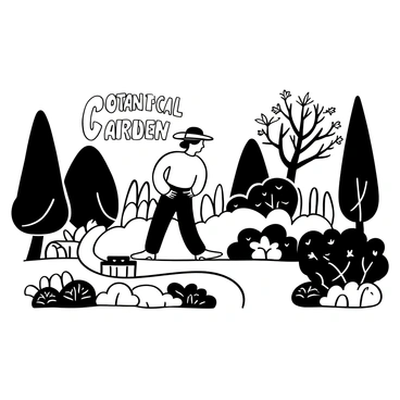 A tourist with a wide-brimmed hat is strolling along a winding path in a botanical garden. The path is bordered by meticulously trimmed hedges and vibrant flower beds, filled with various plant species. In the background, there are tall trees casting shadows over the path, and a quaint wooden bench is positioned nearby. Birds can be seen perched on branches, adding to the tranquil atmosphere. The words "Botanical Garden" are elegantly displayed among the flowers.