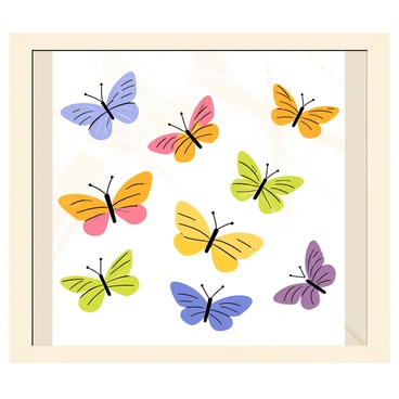 A shadow box display containing a variety of butterflies pinned neatly against a textured background. Each butterfly showcases unique patterns, with vibrant colors such as blue, orange, yellow, and purple. The butterflies are arranged in a symmetrical pattern, highlighting their different sizes and shapes. Delicate details of the wings, including intricate markings and textures, are clearly visible. The shadow box has a simple wooden frame, adding to the overall presentation of the colorful butterflies.