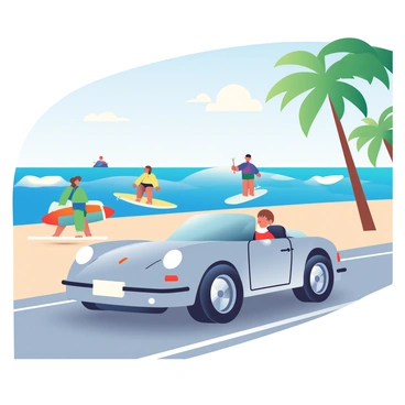 A sleek silver Porsche is driving along a sandy beach road. The car has its windows down, and the sunlight glints off its polished exterior. In the background, a vibrant blue ocean is visible, where several surfers are catching waves. The surfers, wearing colorful wetsuits, are balancing on their boards as they ride the waves. Palm trees line the beach, swaying gently in the warm breeze. The sky is clear with a few fluffy white clouds scattered across it, completing the sunny beach scene.