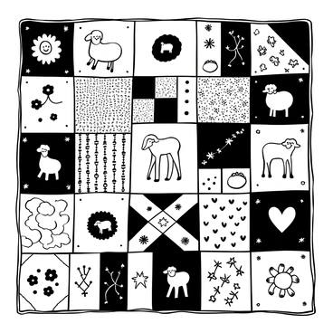 A patchwork quilt displayed flat, featuring intricate sheep patterns woven into the fabric. The quilt consists of various vintage fabric squares, each with distinct textures and designs. The squares are organized in a harmonious pattern, showcasing a blend of floral, geometric, and rustic designs surrounding the sheep motifs. The edges of the quilt are neatly finished, adding to its detailed craftsmanship.