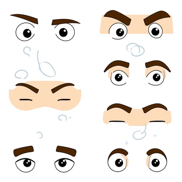 A collection of diverse eyebrows depicted in various shapes and styles. There are arched eyebrows that convey surprise, straight eyebrows that give a neutral expression, and bushy eyebrows that suggest a playful demeanor. Each pair of eyebrows is positioned above cartoon-like eyes, showcasing different emotions such as happiness, anger, confusion, and curiosity. The background features subtle swirls that enhance the focus on the eyebrows, emphasizing their role in expression. Each eyebrow style appears bold and well-defined, inviting viewers to appreciate the nuances of facial expressions.