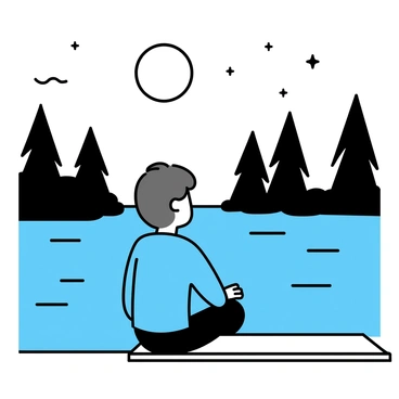 A person sitting on a wooden dock by a lake under the moonlight. The individual, wearing a light blue shirt and dark jeans, is gazing at the water, lost in thought. The moonlight casts a silver glow across the calm surface of the lake, illuminating gentle ripples. Surrounding the lake are silhouettes of tall trees, their leaves whispering softly in the nighttime breeze. The sky is dotted with stars, enhancing the tranquil atmosphere of the scene.