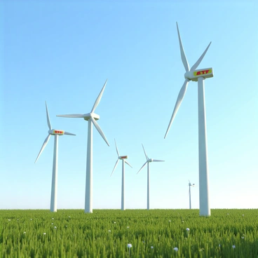 A field with several tall wind turbines, each with sleek white blades, spinning gracefully in the breeze. The blades of the wind turbines are adorned with colorful "ETF" symbols, clearly visible against the bright blue sky. The landscape features lush green grass and a few scattered wildflowers in the foreground, while the turbines stand prominently against the horizon, capturing the essence of renewable energy. The sun is shining, casting soft shadows on the ground, creating a vibrant and dynamic scene.