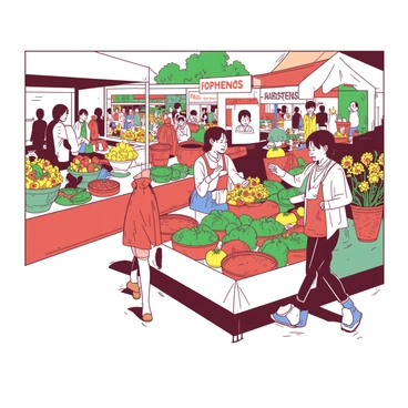 Ichinose is walking through a vibrant farmers' market, surrounded by a variety of colorful stalls. Fresh produce is displayed prominently, with baskets overflowing with orange carrots, red tomatoes, and green leafy vegetables. Handmade goods, including woven baskets and colorful pottery, line the edges of the market. Ichinose is curiously examining a stall filled with bright yellow sunflowers, while a vendor gestures enthusiastically, showcasing their products. The market is bustling with people, and the atmosphere is lively with the sounds of laughter and conversation.