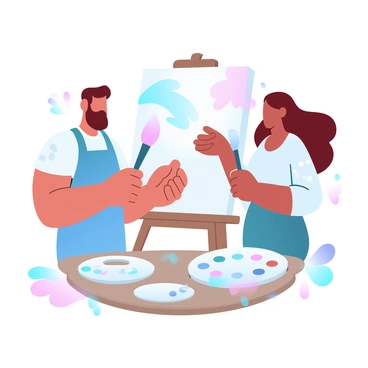 A man with a short beard and a woman with wavy hair are both holding paintbrushes, engaged in a conversation while standing in front of a large canvas. The canvas displays vibrant strokes of color, suggesting a blending of their artistic styles. The man is wearing a paint-splattered apron and the woman is dressed in a comfortable top. Around them are various paint tubes and brushes arranged neatly on a wooden table. Colorful paints are splattered on the floor, adding to the creative atmosphere. A large palette with mixed colors is resting nearby, enhancing the scene of collaboration.