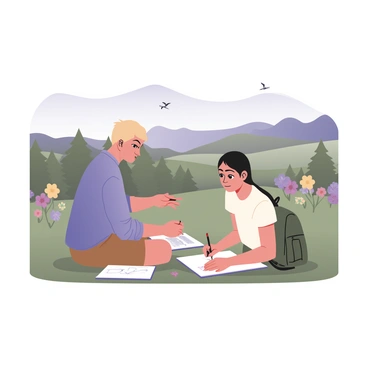 A digital flat illustration depicting an illustration tutor and a student sitting on the grass, sketching a scenic outdoor landscape. The tutor is on the left with medium skin, wearing a blue shirt and brown shorts, holding a sketchbook and pencil, guiding the student. The student, on the right, has light skin and is wearing a white t-shirt with a green backpack beside them, focused on their own sketchbook. In the background, there are rolling hills with green trees and colorful wildflowers, along with a bright blue sky. A few birds are flying above the scene, adding to the outdoor atmosphere.