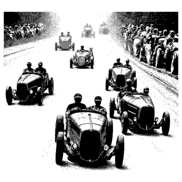 A group of classic cars from the 1920s are racing on a dirt track. Each car features distinct designs, showcasing rounded shapes, long hoods, and elegant lines. The vehicles are positioned at various angles, some leaning into turns while others are speeding forward, kicking up dust behind them. The drivers, wearing vintage racing attire such as goggles and caps, display a range of expressions that reflect determination and excitement. Spectators are gathered along the track, some cheering and others taking photographs, contributing to the lively atmosphere of the race. The scene is filled with motion and energy, depicting the thrill of competition.