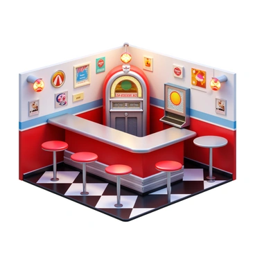 A classic 1950s diner bar with a polished chrome counter. The diner features bright red leather stools arranged neatly along the bar. A vintage jukebox stands in the corner, displaying colorful lights and a glass front. The walls are adorned with retro memorabilia and checkered black-and-white tiles cover the floor. There are round tables with formica tops, each paired with chrome-framed chairs. Neon signs cast a warm glow, enhancing the nostalgic atmosphere.