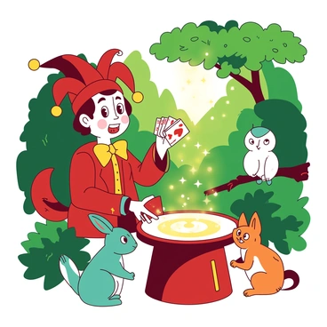 A red jester wearing a colorful jester hat and a playful outfit is performing magic tricks in a lush green forest setting. Around him, various woodland animals are gathered, including a curious teal rabbit, a mischievous orange squirrel, and a wise white owl perched nearby on a branch. The jester is holding a deck of cards, and shimmering sparkles are emerging from his hands as he reveals a card to the amazed animals. The sunlight filters softly through the leaves, illuminating the scene as the animals watch with wide eyes, captivated by the jester's enchanting performance.