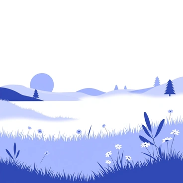 A field is covered with low-lying vapor that hovers just above the ground. The sun is rising in the background, casting soft light across the landscape. The field is filled with tall grass and a variety of wildflowers, their shapes defined against the mist. In the distance, there are a few scattered trees, their silhouettes outlined by the morning light. The atmosphere is tranquil, with subtle textures in the grass and vapor creating depth in the scene.