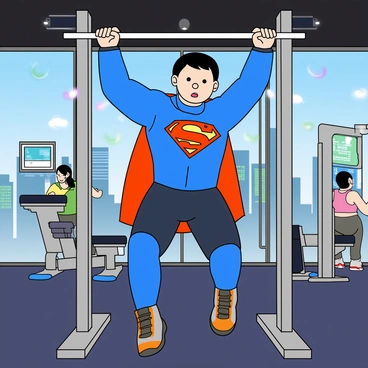 A young superhero with a vibrant blue costume featuring a bold emblem on the chest is performing pull-ups on a sleek, metallic pull-up bar. The superhero has short black hair and a determined expression on their face. The gym is filled with advanced workout equipment that features glowing screens and holographic displays. Bright, colorful lights illuminate the gym, casting playful shadows on the walls. Other fitness enthusiasts are visible in the background, using various futuristic machines. A large window reveals a skyline of tall, modern buildings outside, showcasing a bright blue sky.