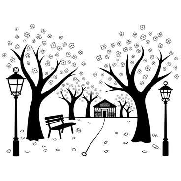A street lined with cherry blossom trees in full bloom, their branches heavy with delicate flowers. Petals are gently falling from the trees, creating a carpet of blossoms on the ground. There are lampposts along the street, with intricate designs, casting soft shadows. A quiet bench sits beneath one of the trees, surrounded by scattered petals. In the distance, a classic brick building can be seen, partially obscured by the blooming branches.