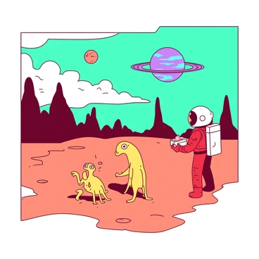 An illustration of astronauts exploring different planets and encountering alien life forms.