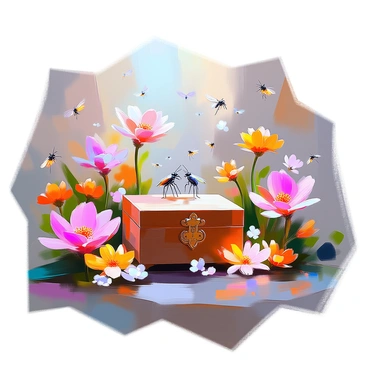 A magical garden filled with vibrant, exotic flowers in a variety of colors and shapes. Among the flowers, a beautifully crafted wooden box sits at the center, its surface intricately decorated with carvings. Surrounding the box, glowing insects flutter about, their luminescent bodies illuminating the scene with a soft, ethereal light. The flowers bloom lushly, with some towering over the box, while others are delicately scattered at its base. The atmosphere is enchanting, as the soft glow of the insects contrasts with the rich colors of the garden.