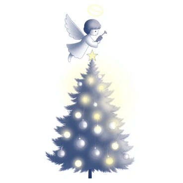 An angel with delicate wings is perched atop a Christmas tree. The angel has a serene expression and is holding a small trumpet. The tree is adorned with a variety of ornaments, including shiny baubles and twinkling lights. The branches are lush and full, with a star placed prominently at the top. The entire scene is illuminated with a warm, golden light that creates a festive atmosphere.