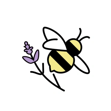 A bee with black and yellow stripes, resting on a delicate lavender sprig. The lavender features small purple flowers, gently swaying in the breeze. The scene captures the bee's wings, which are slightly translucent, reflecting light as it sits amidst the lavender. The background is minimal, allowing the focus to remain on the bee and the lavender.