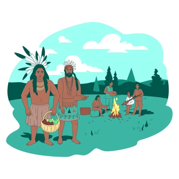 A teal landscape showcases a group of actors dressed in traditional attire, depicting the events surrounding the Indian Removal Act. In the foreground, a man wearing a feathered headdress stands with an expression of determination. Beside him, a woman in a colorful beaded dress holds a basket filled with fruits. In the background, several other actors are gathered around a campfire, some playing musical instruments, while others engage in conversation. The actors are positioned to create a sense of community and resilience amid the historical context. The sky above is a soft gradient of white and blue, illuminating the scene.