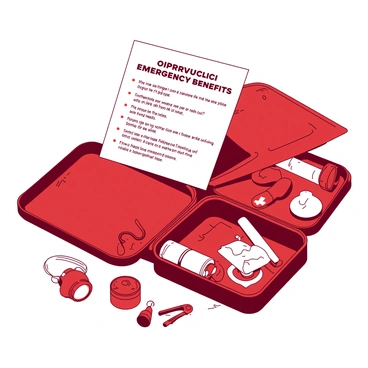 A red survival kit is open on a white table, displaying a variety of essential emergency benefits. Inside the kit, there are several neatly arranged items, including a small white flashlight, a red first aid kit, and a white whistle. A detailed pamphlet outlining important LIC emergency benefits is placed prominently on top of the kit’s contents. Surrounding the survival kit, there are a few scattered items such as a red water bottle and a white multi-tool, completing the setup.