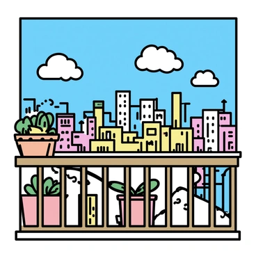 A weathered wooden balcony adorned with potted plants, bathed in warm sunlight. The railing shows signs of age with chipped paint and rust. Below, a vibrant cityscape filled with colorful buildings, bustling streets, and bustling pedestrians stretches into the distance. The skyline features a mix of modern skyscrapers and older architectural styles, showcasing the diversity of the city. A few fluffy clouds drift in the blue sky above, enhancing the bright atmosphere.