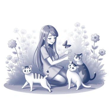 A whimsical scene of a girl interacting with talking cats in a vibrant flower garden.