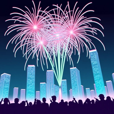 A vibrant fireworks display explodes in a myriad of colors, illuminating the night sky with bursts of red, blue, green, and gold. Each firework creates intricate patterns, cascading down like shimmering waterfalls. Below, a bustling cityscape is visible, with tall skyscrapers outlined against the dark sky, their windows reflecting the brilliant lights above. Crowds of people are gathered in open spaces, pointing upwards and capturing the moment with their devices. The atmosphere is lively and filled with excitement as the city celebrates under the dazzling light show.