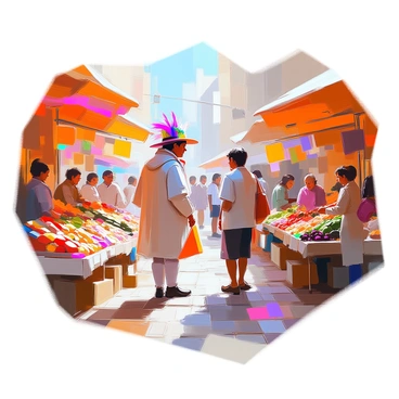 A vibrant marketplace scene bustling with activity. In the center, a character resembling "Cyrano" is wearing a flamboyant hat adorned with feathers and colorful fabrics. He is engaged in a lively interaction with various vendors surrounding him. The vendors are showcasing a variety of goods, including fresh produce, handmade crafts, and textiles. The atmosphere is filled with energy as shoppers browse through the stalls, and colorful banners flutter in the breeze. The cobblestone path is lined with an array of goods, creating a rich tapestry of textures and colors in the marketplace.