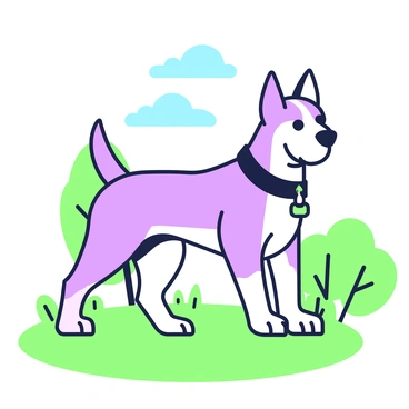 A well-groomed dog is standing on a grassy area. The dog is of medium size with a sleek coat and a confident posture. It is wearing a new collar that is fitted snugly around its neck. Attached to the collar is a shiny tag that catches the light. The dog has an alert expression with its ears perked up, and its tail is wagging slightly. In the background, there are a few trees and a clear blue sky.