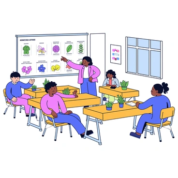 A classroom setting with wooden desks arranged neatly. Several students are seated at the desks, engaged in learning. The teacher stands at the front, pointing to a large chart displaying different plant genera, which includes colorful illustrations of various plants. There are models of plants on the teacher's desk, showcasing different parts like leaves and flowers. The walls are adorned with educational posters about plants, and a window lets in natural light, illuminating the scene.