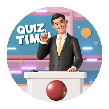 A game show host, wearing a dark suit and a bright tie, stands behind a podium with a buzzer in front of him. He has a confident smile and is raising an index finger, indicating he is about to ask the next question. The set is brightly lit, with colorful decorations and a large screen displaying the words "Quiz Time!" in bold letters. In the foreground, a shiny, red buzzer is prominently placed, ready for contestants to press. The atmosphere is energetic, reflecting the excitement of the quiz game.