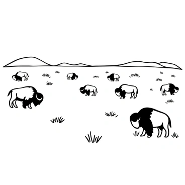 A herd of bison grazing in a wide-open North American plain, with several bison scattered throughout the landscape. The bison have shaggy fur and are depicted in various poses, some with their heads lowered to the ground, while others stand still. The plain has patches of grass and a few tufts of wildflowers, emphasizing the vastness of the area. In the background, gentle rolling hills are visible, adding depth to the scene. The sky is clear and expansive, enhancing the sense of openness in the environment.