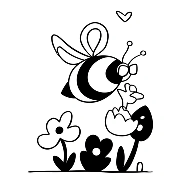A whimsical bee with intricate wing patterns is hovering in mid-air. It is wearing tiny eyeglasses that sit snugly on its head. The bee has a rounded body with bold stripes and delicate antennae. Below, there are flowers with varying shapes and sizes, providing a colorful backdrop to the scene. The bee appears curious as it inspects the nearest flower, showcasing its playful nature.