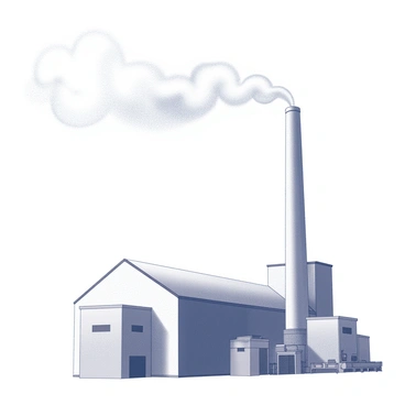 A factory with a tall chimney is visible, emitting a plume of smoke that rises into the air. The smoke forms a distinctive pattern resembling a footprint. The scene captures the intricate details of the chimney, while the smoke gently dissipates against the sky. The surrounding area includes industrial structures, with some machinery and equipment partially visible. The overall composition emphasizes the contrast between the man-made factory and the ethereal quality of the smoke footprint.