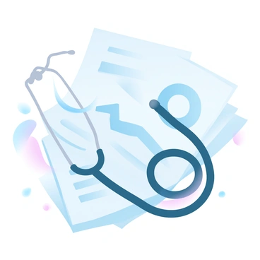 A stethoscope is wrapped around a neatly arranged stack of financial documents, which includes graphs and charts. The documents are stacked in a slightly angled position, showcasing various financial figures and annotations. The stethoscope's tubes are coiled elegantly, highlighting the connection between health and finances. A faint gradient of pastel colors fills the background, creating a harmonious atmosphere.