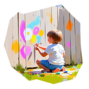A young child with short brown hair is kneeling in front of a weathered wooden fence, intently drawing with various pieces of chalk. The child's face is concentrated, showcasing a mix of determination and joy. The wooden fence displays a light brown hue, with visible grain and knots. Surrounding the child, there are vibrant patterns and swirls in bright colors, including pink, blue, yellow, and green, that bring the fence to life. A few pieces of chalk in different colors are scattered on the grass nearby, highlighting the creative process.