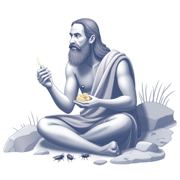 A man with long hair and a beard sits in a rocky wilderness setting. He is wearing a simple garment made of rough fabric. In his right hand, he holds a piece of honeycomb, while his left hand reaches towards a small pile of locusts placed beside him. The background features sparse vegetation and rugged terrain, representing a remote and natural environment. The man appears focused on his meal, embodying a sense of solitude and simplicity.