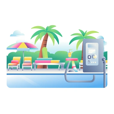 An outdoor swimming pool is situated in a sunlit area surrounded by lush greenery. The pool has clear blue water that reflects the sunlight. On the poolside, a visible heat exchanger system is prominently placed, featuring a series of metallic pipes and a rectangular unit with a digital display. There are several lounge chairs with colorful cushions arranged neatly along the edge of the pool. A beach umbrella provides shade over one of the chairs, and a small table nearby holds a refreshing drink with a slice of lemon. In the background, a few palm trees sway gently in the breeze against a clear blue sky.