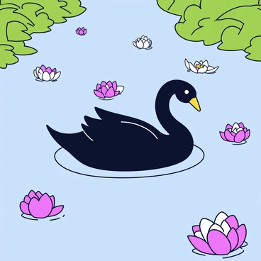A black swan swimming through a river covered in floating lotus blossoms
