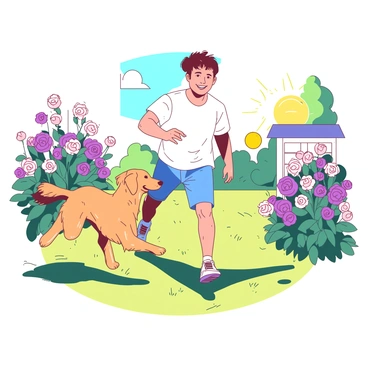 A man with short brown hair is playing fetch with his dog in a sunny backyard. The dog, a golden retriever with a shiny coat, is running eagerly towards a yellow ball. The man is wearing a white t-shirt and blue shorts, smiling as he throws the ball. Surrounding them, the backyard is filled with a variety of colorful flowers, including pink roses and purple daisies, creating a vibrant atmosphere. The sun is shining brightly, casting soft shadows on the grass.
