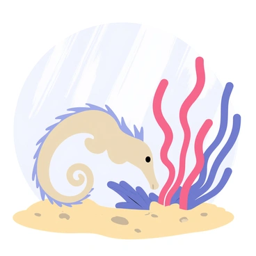 A seahorse with a delicate, curled tail and intricate fins is resting near a brightly colored sea anemone. The sea anemone has long, flowing tentacles in shades of pink and purple, gently swaying in the water. The background features a sandy ocean floor dotted with small pebbles. Soft rays of sunlight filter through the water, creating a shimmering effect around the seahorse and the anemone.