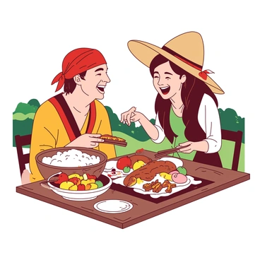 A red-haired character with a bandana is sitting at a wooden table, sharing a hearty laugh with a straw hat-wearing character. Both characters have wide smiles, showcasing their camaraderie after a long adventure. The table is filled with an array of colorful dishes, including a large bowl of rice, grilled meat, and a vibrant fruit platter. Each character has a plate in front of them, with the red-haired character reaching for a piece of meat while the straw hat character is holding a piece of fruit. In the background, there are hints of a lush green landscape, suggesting they are outdoors.
