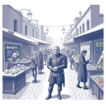 A bustling medieval marketplace with a witcher browsing through stalls of exotic goods